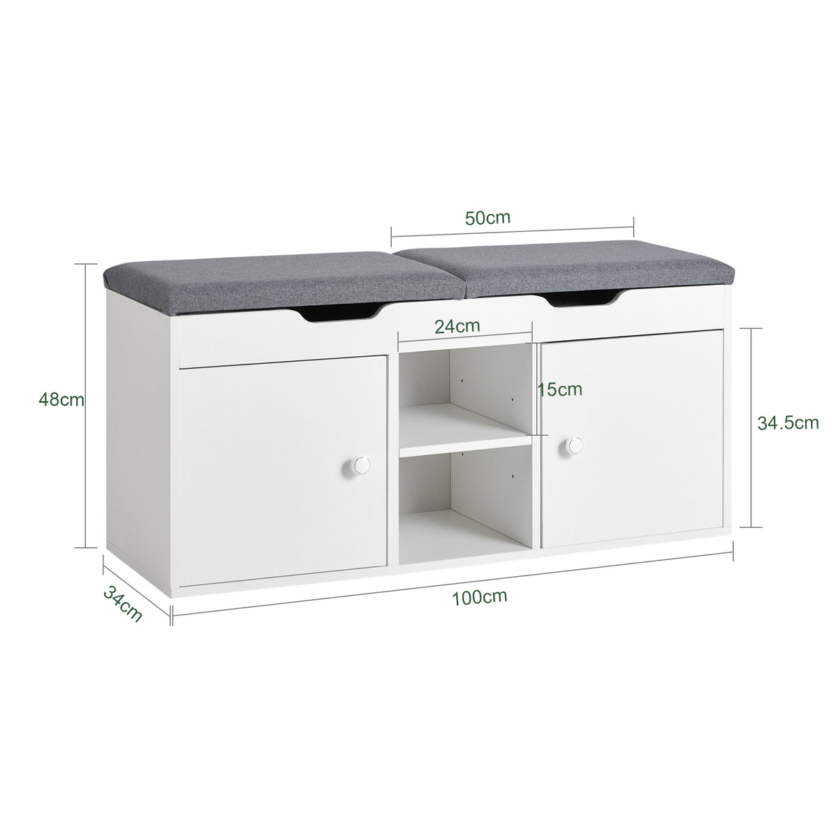 SoBuy FSR96-W Banc à Chaussures avec Coussin Rembourré, 2 Portes et 3 Étagères Réglables, Design Moderne, Compact – L100×P34×H47 cm, Charge 150 kg, Blanc