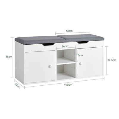SoBuy FSR96-W Banc à Chaussures avec Coussin Rembourré, 2 Portes et 3 Étagères Réglables, Design Moderne, Compact – L100×P34×H47 cm, Charge 150 kg, Blanc