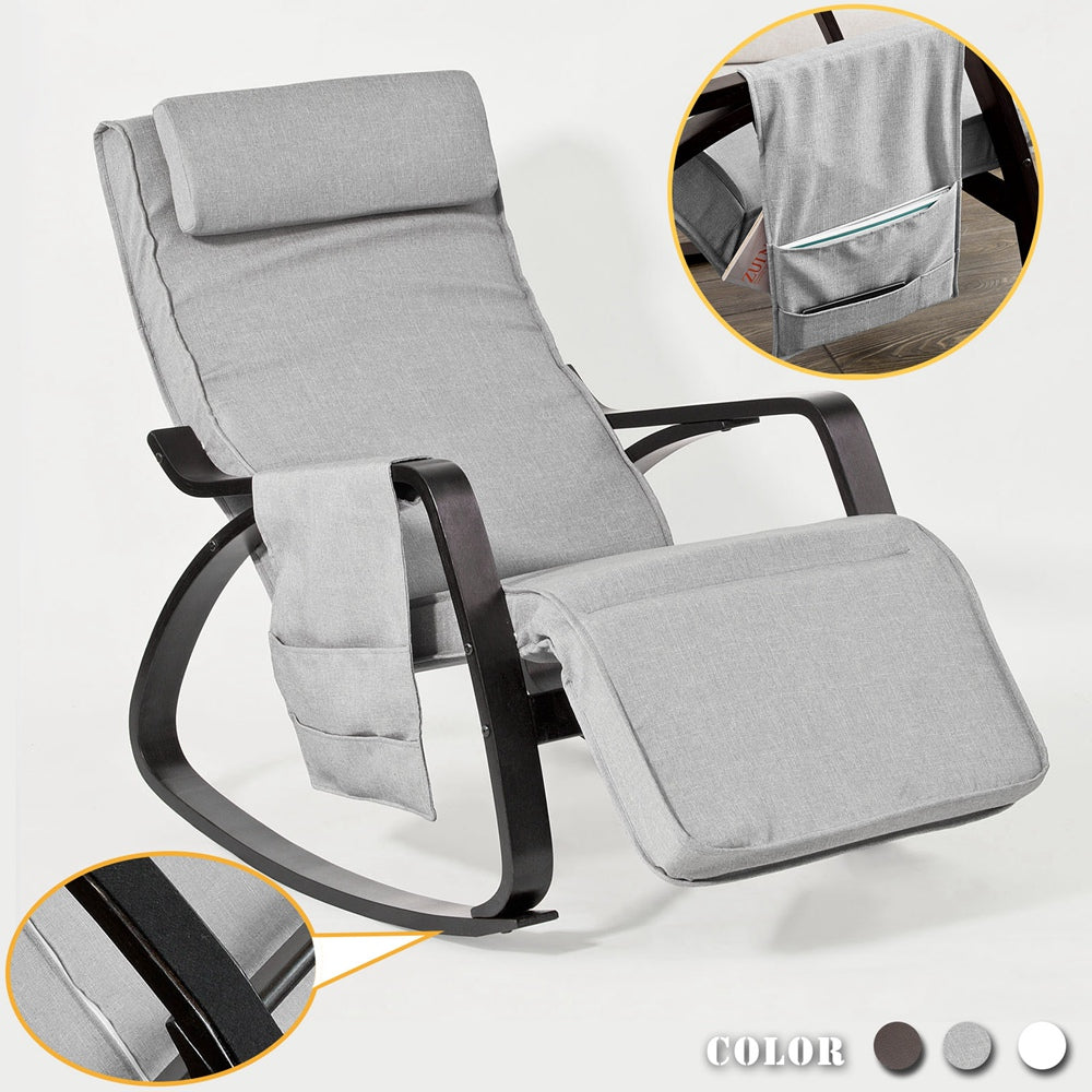 SoBuy FST20-HG Fauteuil a Bascule, Relax Rocking Chair, Chaise a Bascule avec Repose-Pieds, Appui-tête réglables et Poche latérale, Gris