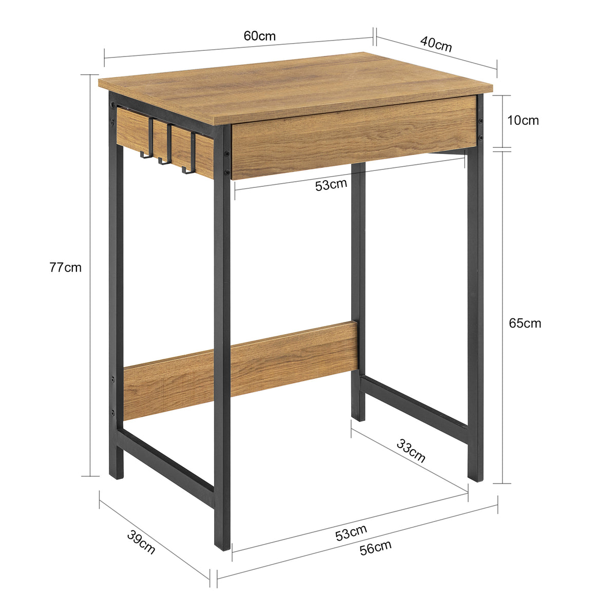 SoBuy FWT43-N Petit Bureau avec 1 Tiroir et 2 Crochets Bureau Gaming avec Etagères de Rangement Desk Multifonctionnel pour Chambre Table Gaming Naturel 60x40x77cm