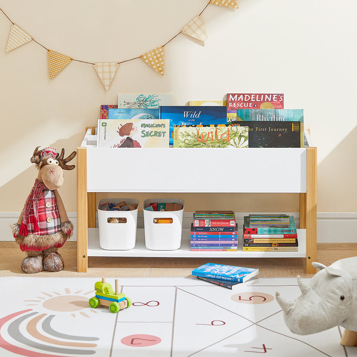 SoBuy KMB35-W Bibliothèque Enfant avec 2 Étagères, Usage Polyvalent, pour Chambre d’Enfant, Rangement Optimisé, Design Fonctionnel – L85×P42×H45 cm, Blanc